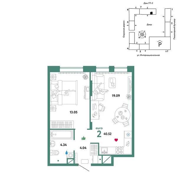 Новая 2-к квартира
 40.52 м² на 9/16 этаже в ЖК «Юнион» в городе Тюмень 
