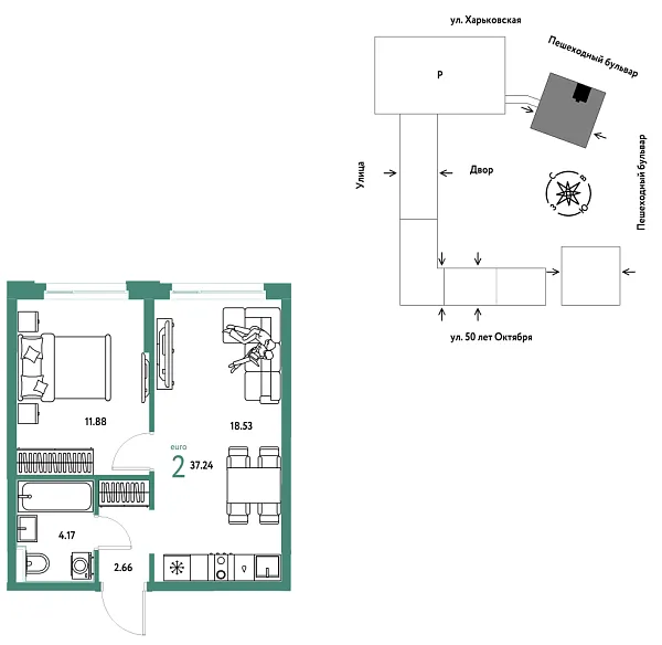 Новая 2-к квартира
 37.24 м² на 11/25 этаже в ЖК «Сердце Сибири» в городе Тюмень 