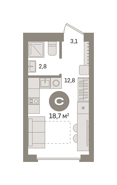 Новая квартира-студия
 18.66 м² на 4/9 этаже в ЖК «Первый квартал» в городе Тюмень 