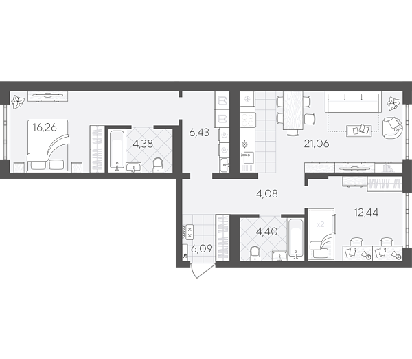 Новая 2-к квартира
 75.14 м² на 4/24 этаже в ЖК «Скандиа. Квартал в Слободе» в городе Тюмень 
