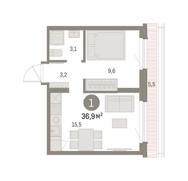 Новая 1-к квартира
 36.87 м² на 7/8 этаже в ЖК «Брусника в Академическом» в городе Тюмень 
