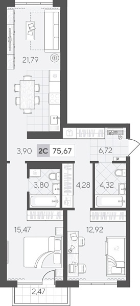 Новая 2-к квартира
 75.67 м² на 2/17 этаже в ЖК «Скандиа. Квартал в Комарово Парк» в городе Тюмень 