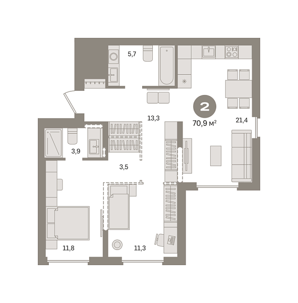 Новая 2-к квартира
 70.91 м² на 17/17 этаже в ЖК «Первый квартал» в городе Тюмень 