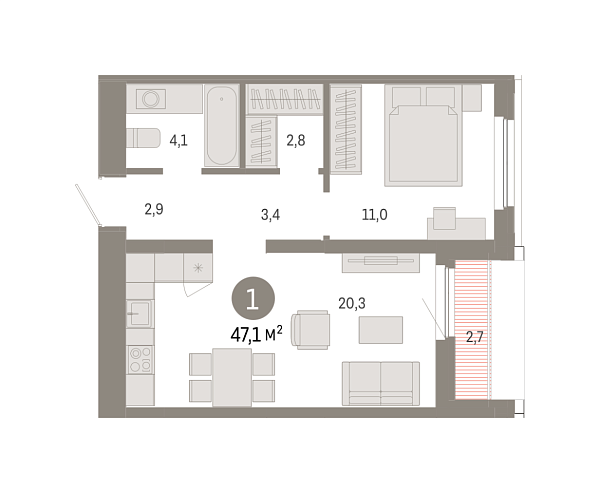 Новая 1-к квартира
 47.06 м² на 15/16 этаже в ЖК «Зарека» в городе Тюмень 