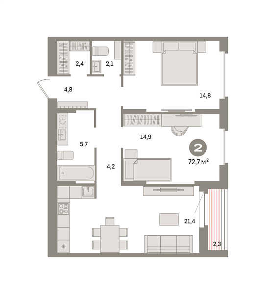 Новая 2-к квартира
 72.72 м² на 5/16 этаже в ЖК «Квартал «Депо»» в городе Тюмень 