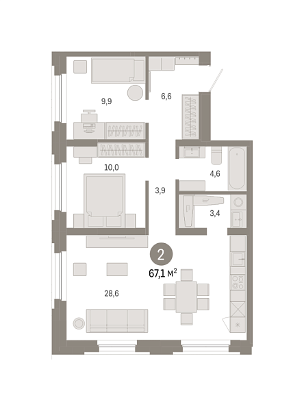 Новая 2-к квартира
 67.11 м² на 2/8 этаже в ЖК «Зарека» в городе Тюмень 