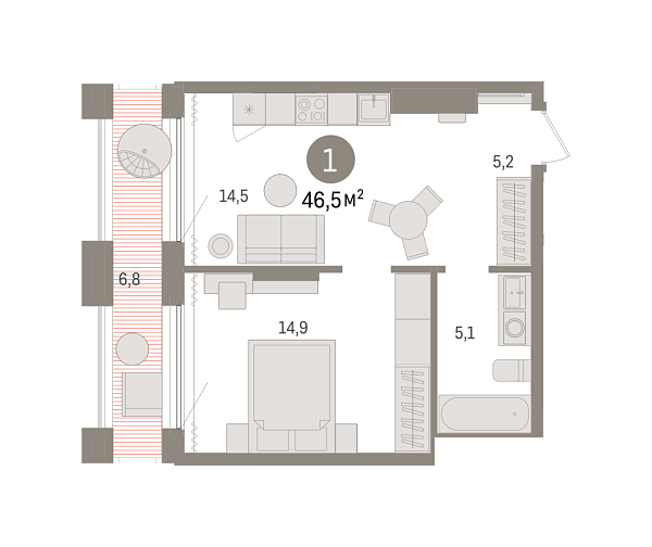 Новая 1-к квартира
 46.54 м² на 17/17 этаже в ЖК «Октябрьский на Туре» в городе Тюмень 