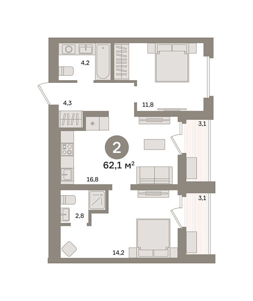 Новая 1-к квартира
 62.13 м² на 9/9 этаже в ЖК «Зарека» в городе Тюмень 