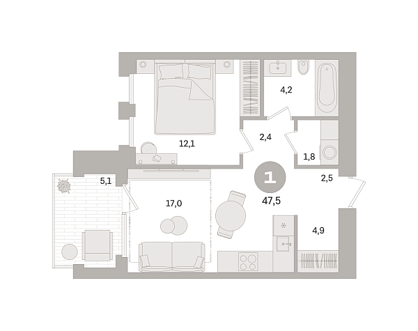 Новая 1-к квартира
 47.5 м² на 4/8 этаже в ЖК «Дом «А»» в городе Тюмень 