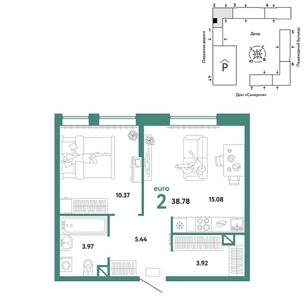 Новая 2-к квартира
 38.78 м² на 4/16 этаже в ЖК «Юнион» в городе Тюмень 
