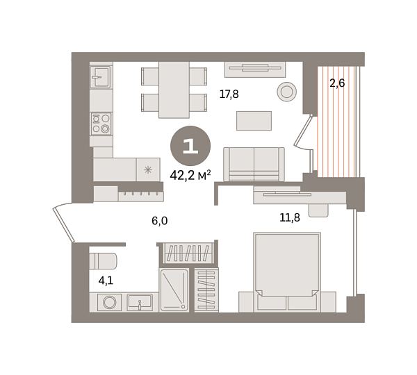 Новая 1-к квартира
 42.17 м² на 12/17 этаже в ЖК «Первый квартал» в городе Тюмень 