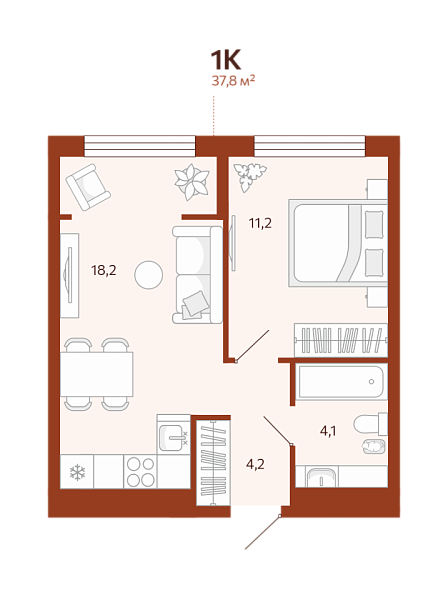 Новая 1-к квартира
 37.8 м² на 10/14 этаже в ЖК «ЖК Новатор» в городе Тюмень 