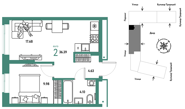 Новая 2-к квартира
 36.39 м² на 3/15 этаже в ЖК «Домашний» в городе Тюмень 