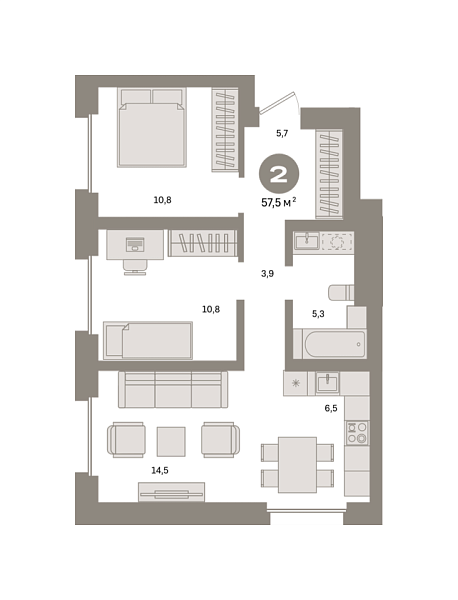 Новая 2-к квартира
 57.5 м² на 16/31 этаже в ЖК «Квартал «Метроном»» в городе Тюмень 