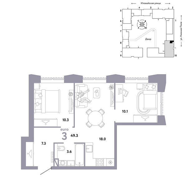 Новая 3-к квартира
 49.3 м² на 30/38 этаже в ЖК «Страна.Заречная» в городе Тюмень 