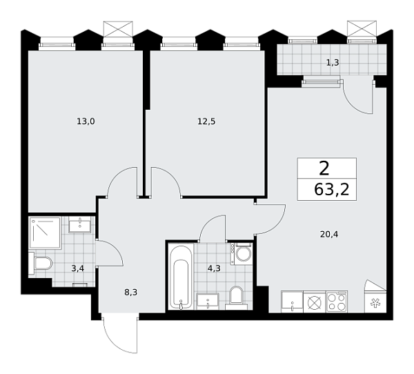 Новая 2-к квартира
 63.2 м² на 11/16 этаже в ЖК «Деснаречье» в городе Тюмень 