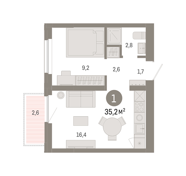 Новая 1-к квартира
 35.24 м² на 8/9 этаже в ЖК «Зарека» в городе Тюмень 