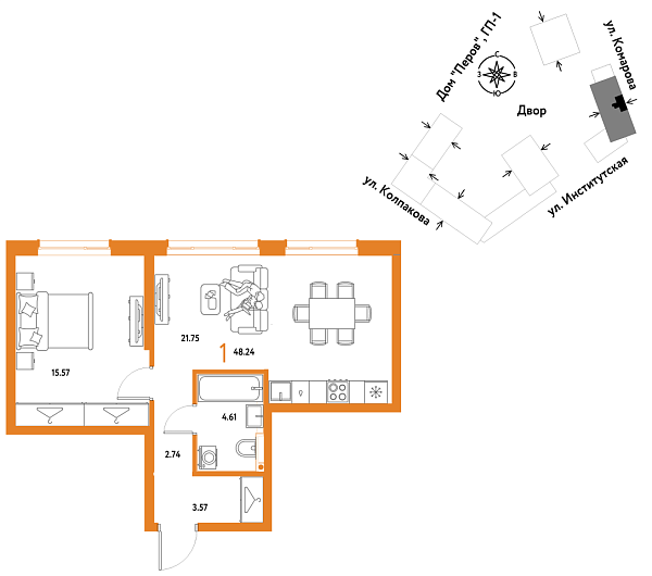 Новая 1-к квартира
 48.24 м² на 7/25 этаже в ЖК «Страна.Парковая» в городе Тюмень 