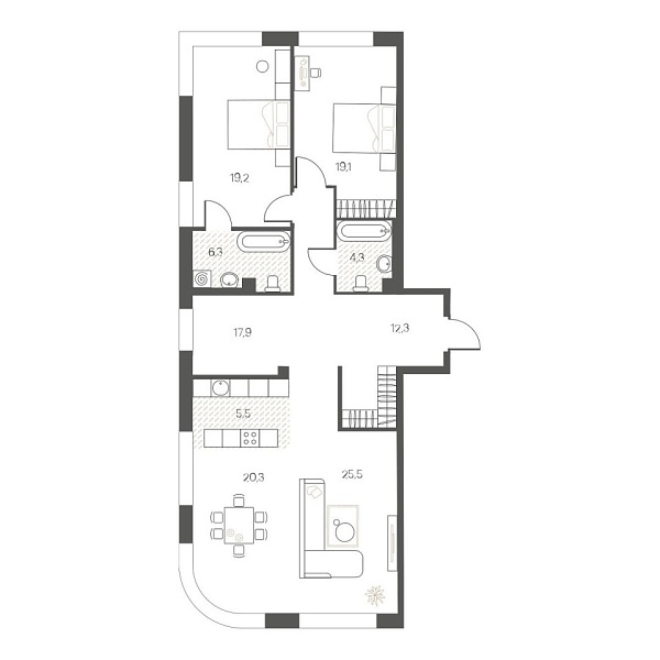 Новая 3-к квартира
 128.8 м² на 3/12 этаже в ЖК «White House» в городе Тюмень 