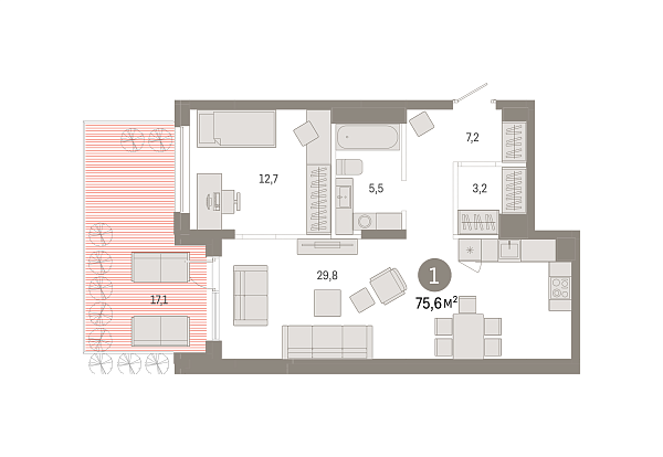 Новая 1-к квартира
 75.55 м² на 1/17 этаже в ЖК «Республики 205» в городе Тюмень 