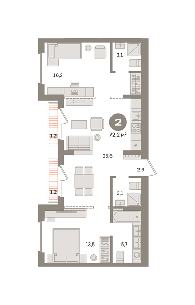 Новая 2-к квартира
 72.18 м² на 9/9 этаже в ЖК «Первый квартал» в городе Тюмень 