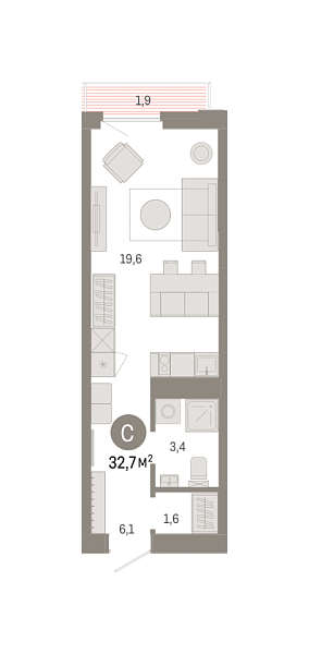 Новая квартира-студия
 32.72 м² на 8/25 этаже в ЖК «Зарека» в городе Тюмень 