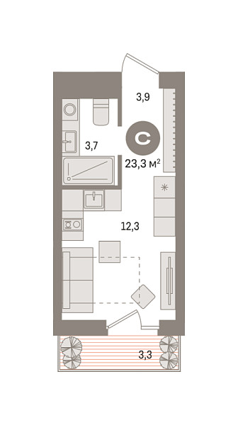 Новая квартира-студия
 23.29 м² на 7/8 этаже в ЖК «Новин» в городе Тюмень 