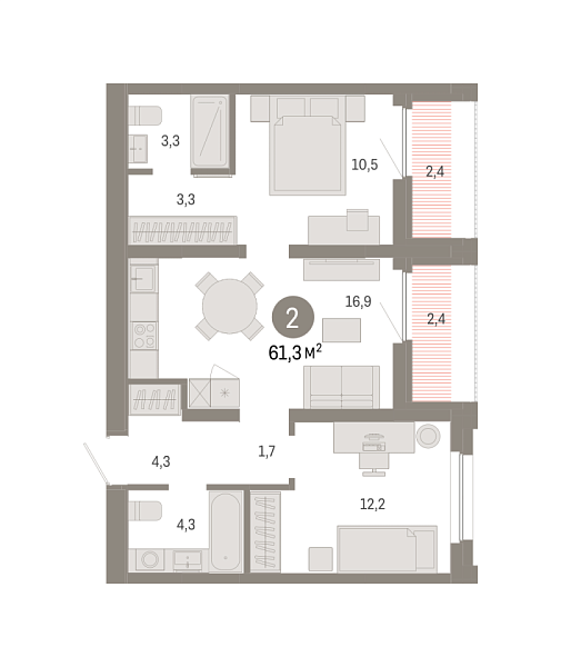 Новая 2-к квартира
 62.66 м² на 8/8 этаже в ЖК «Зарека» в городе Тюмень 