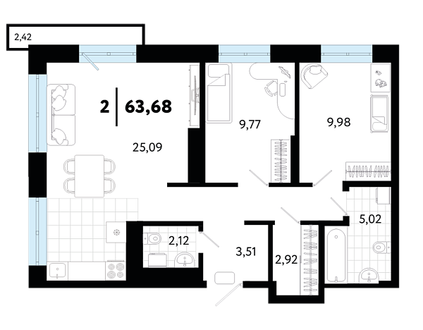 Новая 2-к квартира
 63.68 м² на 19/20 этаже в ЖК «Квартал в Гагаринском парке» в городе Тюмень 
