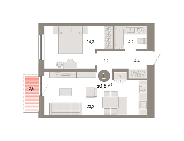 Новая 1-к квартира
 50.76 м² на 11/16 этаже в ЖК «Зарека» в городе Тюмень 