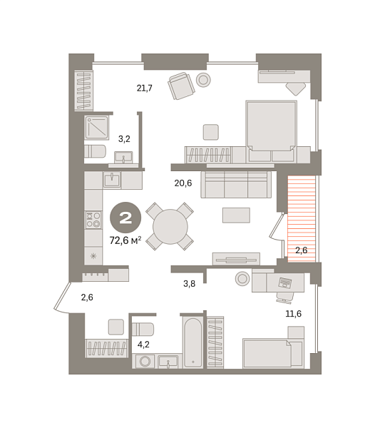 Новая 2-к квартира
 72.61 м² на 11/17 этаже в ЖК «Первый квартал» в городе Тюмень 