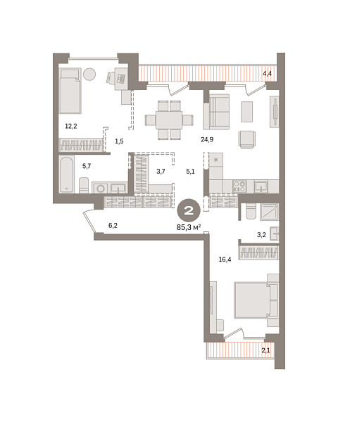 Новая 2-к квартира
 85.28 м² на 8/9 этаже в ЖК «Первый квартал» в городе Тюмень 