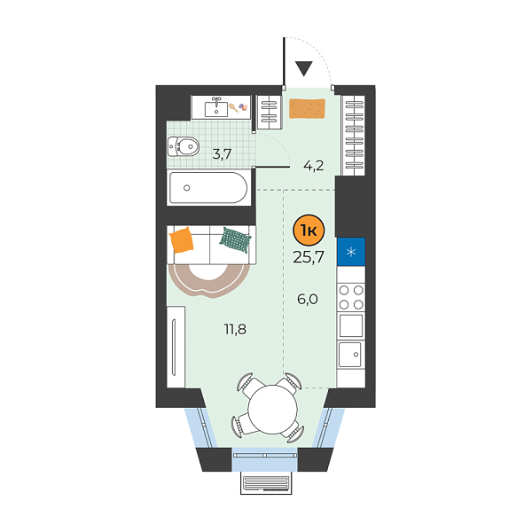 Новая квартира-студия
 25.7 м² на 25/25 этаже в ЖК «Корней» в городе Тюмень 