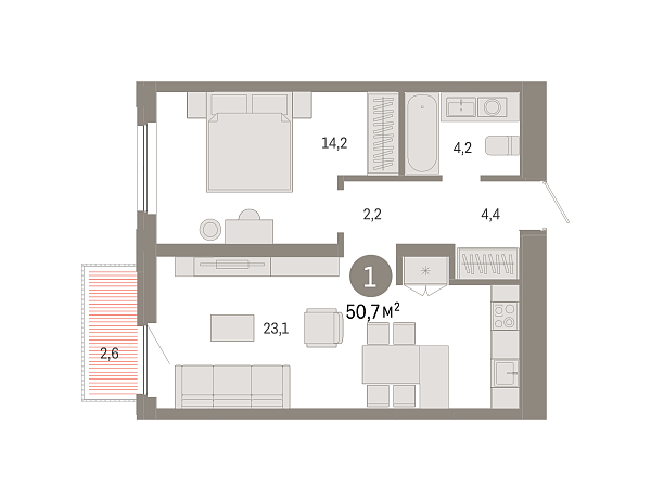 Новая 1-к квартира
 50.66 м² на 12/16 этаже в ЖК «Зарека» в городе Тюмень 