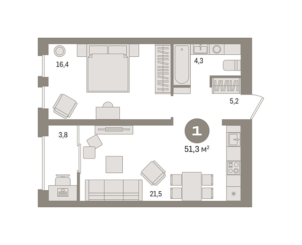 Новая 1-к квартира
 51.28 м² на 12/15 этаже в ЖК «Новин» в городе Тюмень 