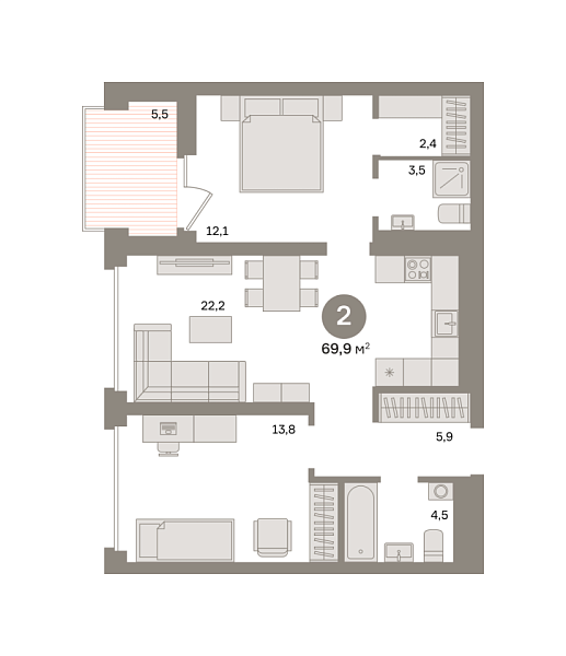 Новая 2-к квартира
 67.83 м² на 3/9 этаже в ЖК «Речной порт» в городе Тюмень 