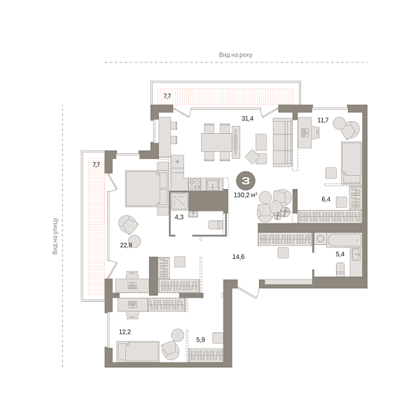 Новая 3-к квартира
 130.2 м² на 25/25 этаже в ЖК «Октябрьский на Туре» в городе Тюмень 