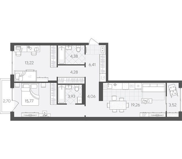 Новая 2-к квартира
 77.53 м² на 6/9 этаже в ЖК «Скандиа. Квартал в Комарово Парк» в городе Тюмень 