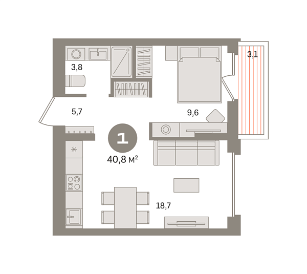 Новая 1-к квартира
 40.74 м² на 5/8 этаже в ЖК «Первый квартал» в городе Тюмень 