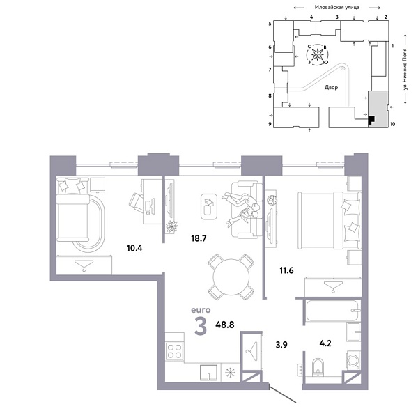 Новая 3-к квартира
 48.8 м² на 30/38 этаже в ЖК «Страна.Заречная» в городе Тюмень 