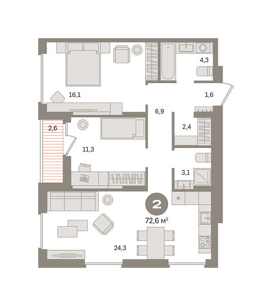 Новая 2-к квартира
 72.58 м² на 15/17 этаже в ЖК «Первый квартал» в городе Тюмень 
