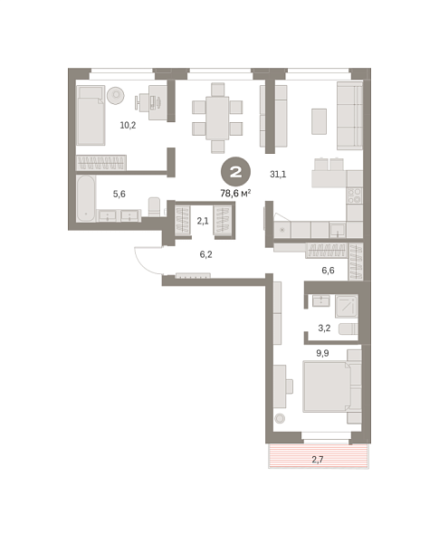 Новая 2-к квартира
 78.61 м² на 9/9 этаже в ЖК «Брусника в Академическом» в городе Тюмень 