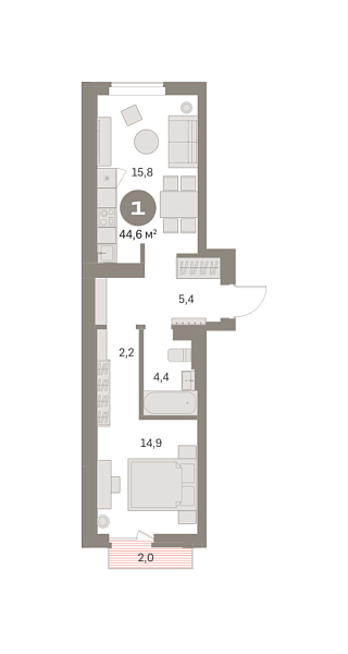 Новая 1-к квартира
 44.57 м² на 2/9 этаже в ЖК «Брусника в Академическом» в городе Тюмень 