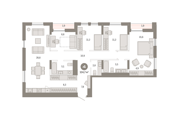 Новая 4-к квартира
 124.71 м² на 17/17 этаже в ЖК «Республики 205» в городе Тюмень 