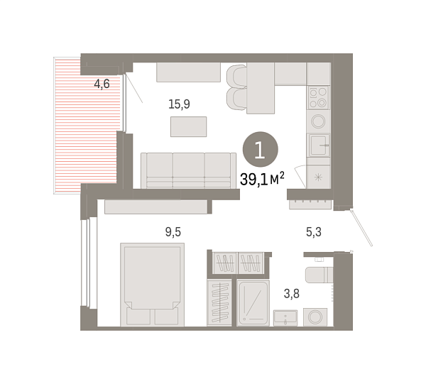Новая 1-к квартира
 39.06 м² на 9/9 этаже в ЖК «Брусника в Академическом» в городе Тюмень 