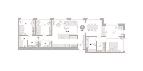 Новая 3-к квартира
 116.7 м² на 12/21 этаже в ЖК «Дом «А»» в городе Тюмень 