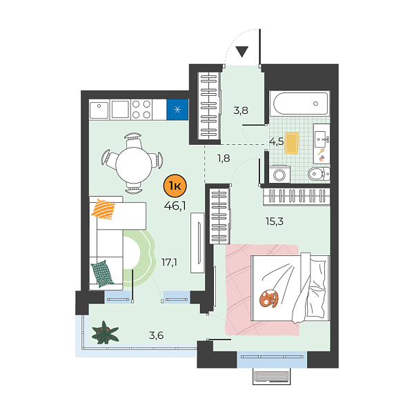 Новая 1-к квартира
 43.6 м² на 5/25 этаже в ЖК «Корней» в городе Тюмень 