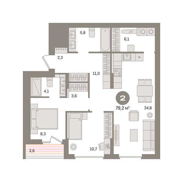 Новая 2-к квартира
 79.24 м² на 10/17 этаже в ЖК «Первый квартал» в городе Тюмень 