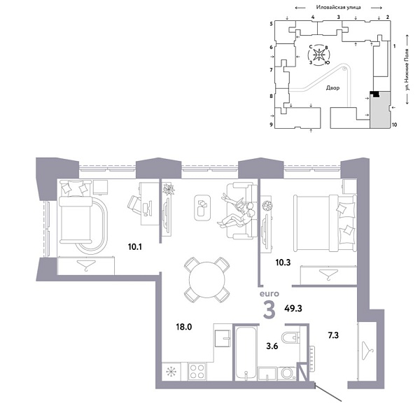 Новая 3-к квартира
 49.3 м² на 25/38 этаже в ЖК «Страна.Заречная» в городе Тюмень 