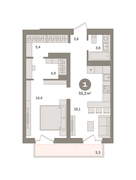 Новая 1-к квартира
 55.6 м² на 4/15 этаже в ЖК «Квартал «Издание»» в городе Тюмень 